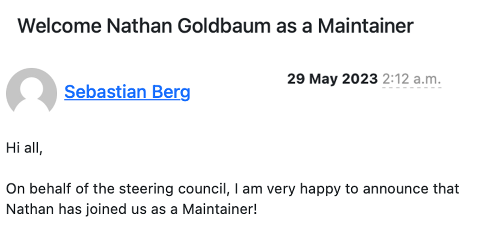 Screenshot of an announcement post from Sebastian Berg dated May 29, 2023, welcoming Nathan Goldbaum as a new Maintainer to the steering council team.