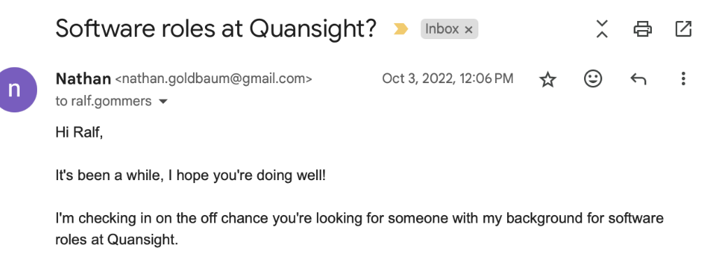 Email from Nathan to Ralf inquiring about software roles at Quansight, dated Oct 3, 2022, with a friendly greeting and brief message.