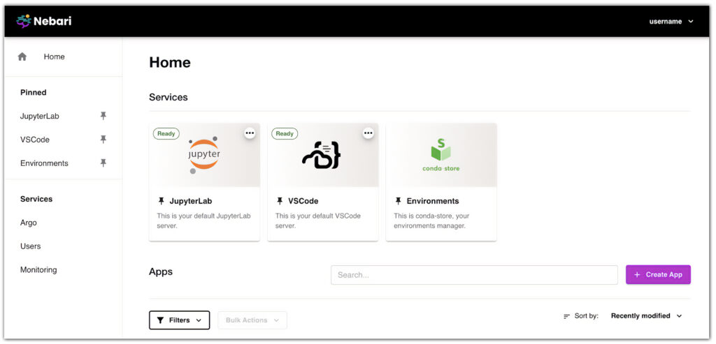 A screenshot of a website homepage showing a selection of services available on the website. The top section of the website displays the username and the text “Home”. Below that is a pinned section titled “Services”. The services listed are JupyterLab, VSCode, Environments, and Argo. A search bar is located at the bottom of the pages.
