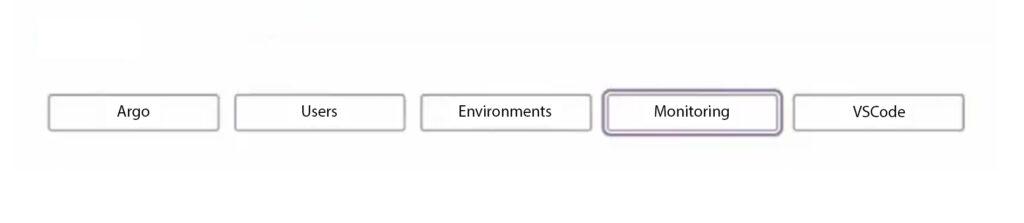 A screenshot of a row of navigation buttons with the words "Argo, Users, Environments, Monitoring, VSCode" written on them. The word "Monitoring" is highlighted in blue, indicating it is the selected option.
